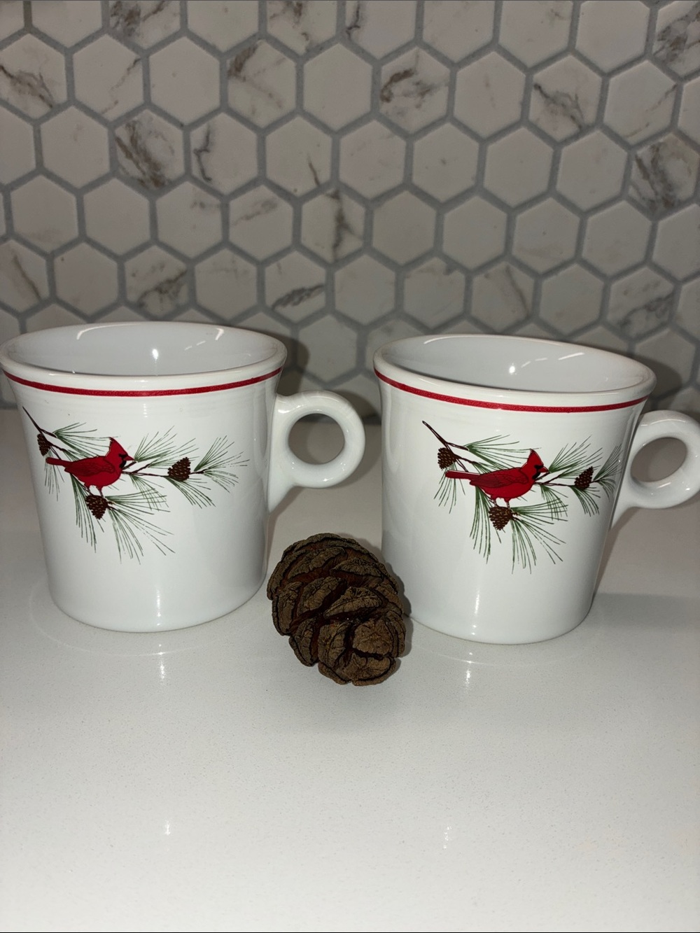FIESTA TABLEWARE CO NWOT Two White Ceramic Mugs With Red Cardinal & Pine Design